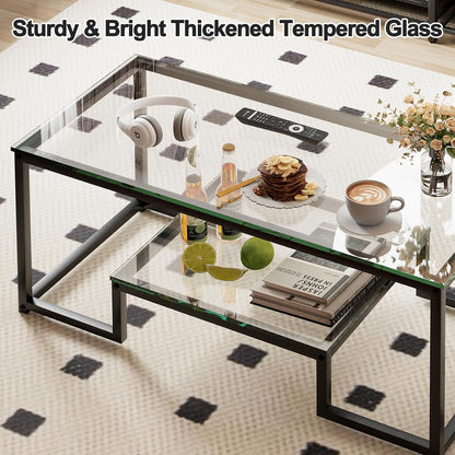 Huhote Couchtisch Glastisch Schwarz 100x48x45cm