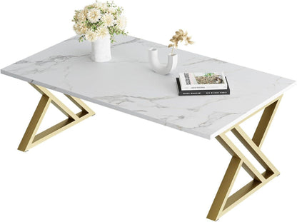 Moderner Couchtisch Holz Marmor Weiß Gold Metall 100 x 48 x 55 cm