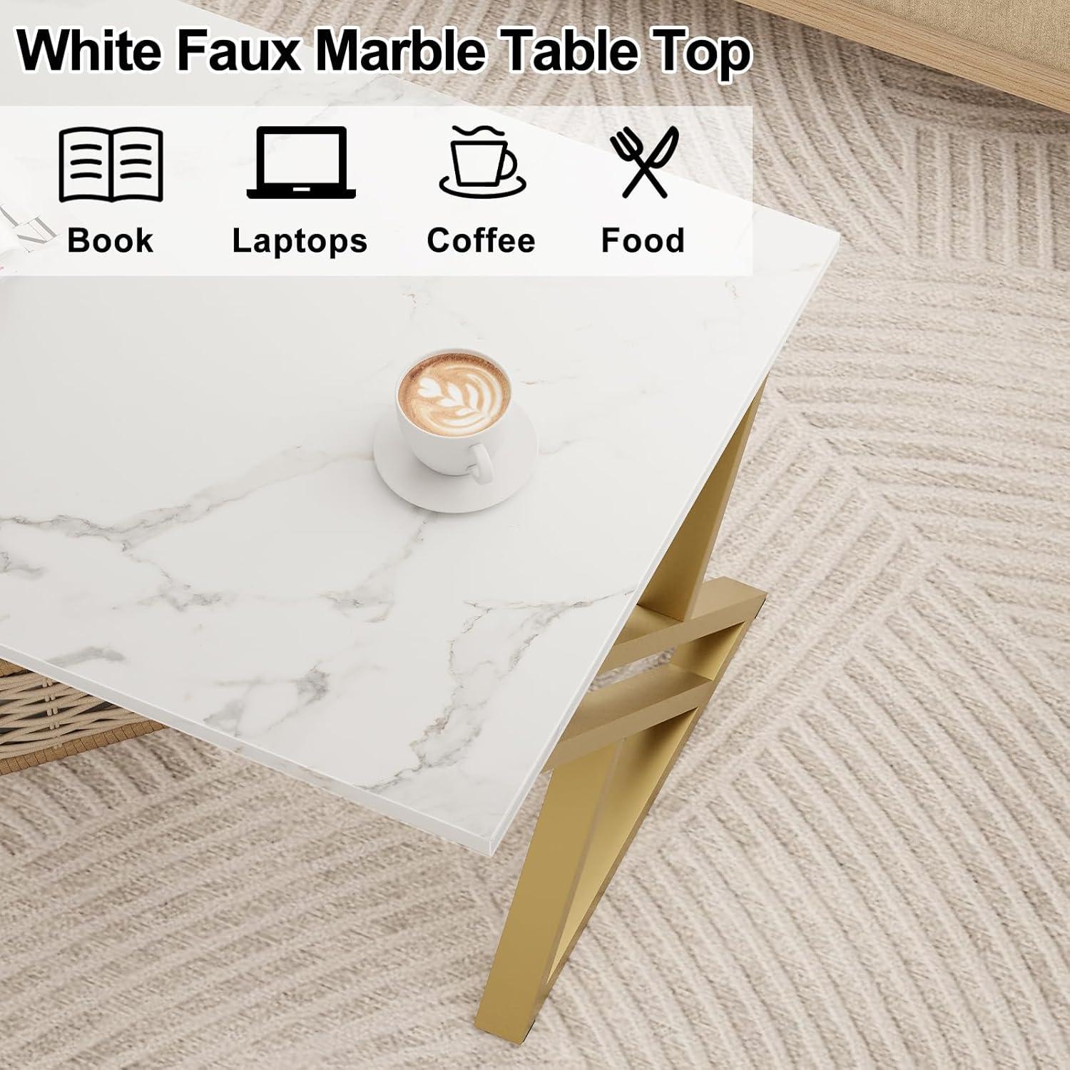 Moderner Couchtisch Holz Marmoroptik Gold Metallgestell 100x48x55 cm