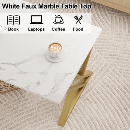 Moderner Couchtisch Holz Marmoroptik Gold Metallgestell 100x48x55 cm