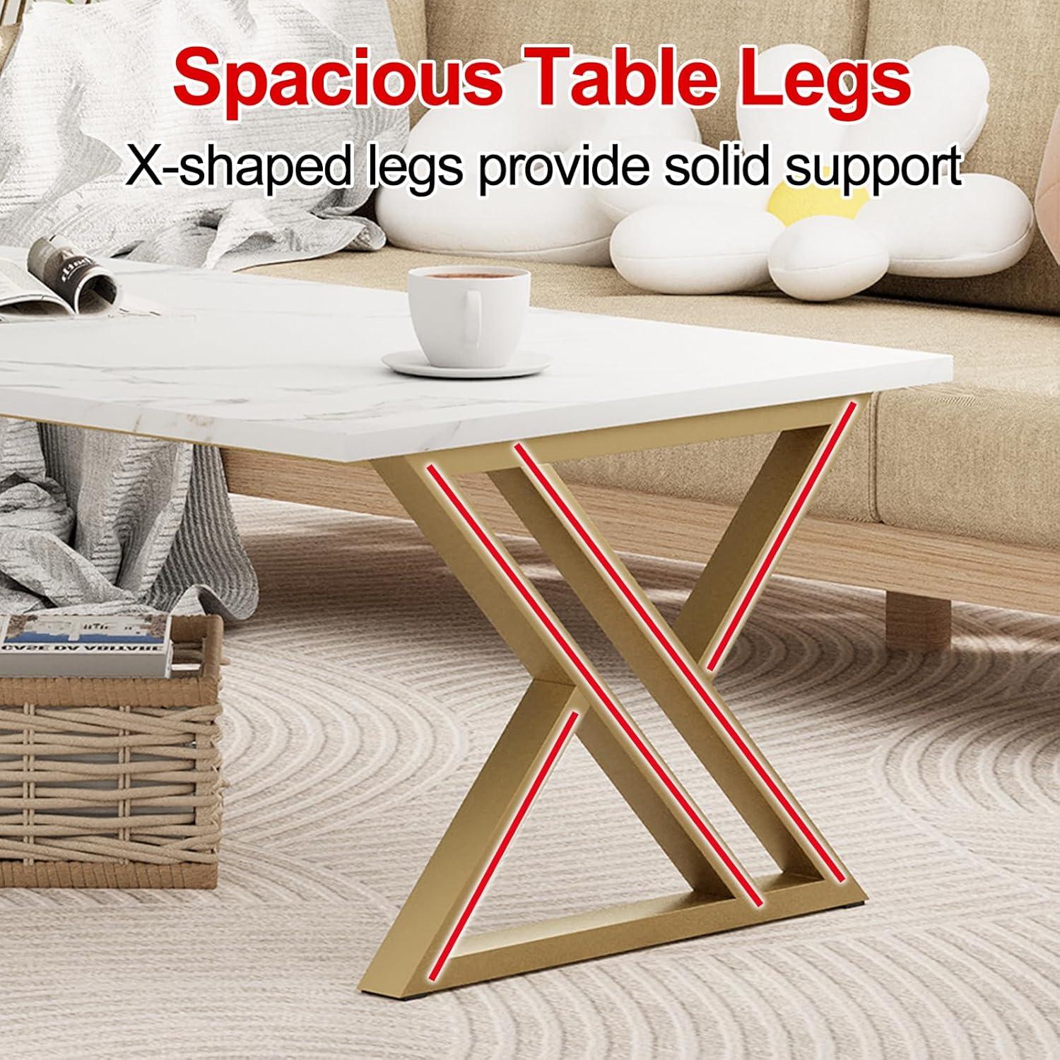 Huhote Couchtisch Holz Marmor Weiß Gold 100x48x55 cm