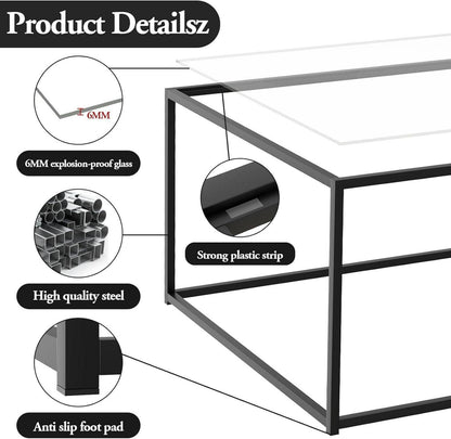 Modernes Schwarzglas Quadrat Couchtisch Metallgestell 67x67x40 cm