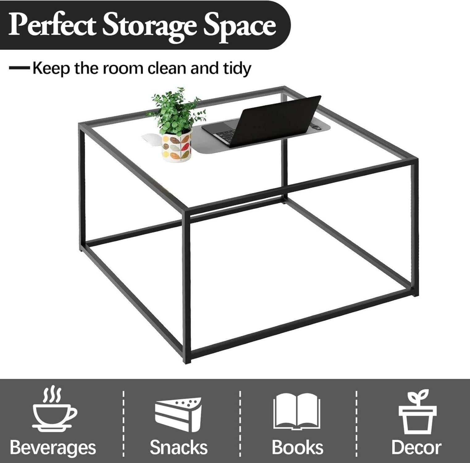 Modernes Schwarzglas Quadrat Couchtisch Metallgestell 67x67x40 cm
