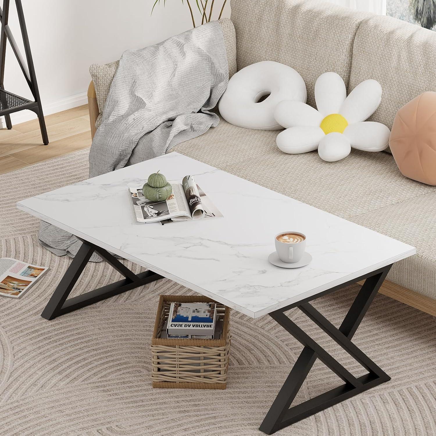Wohnzimmertisch Couchtisch Holz Marmor Weiß Schwarz 100x48x55 cm