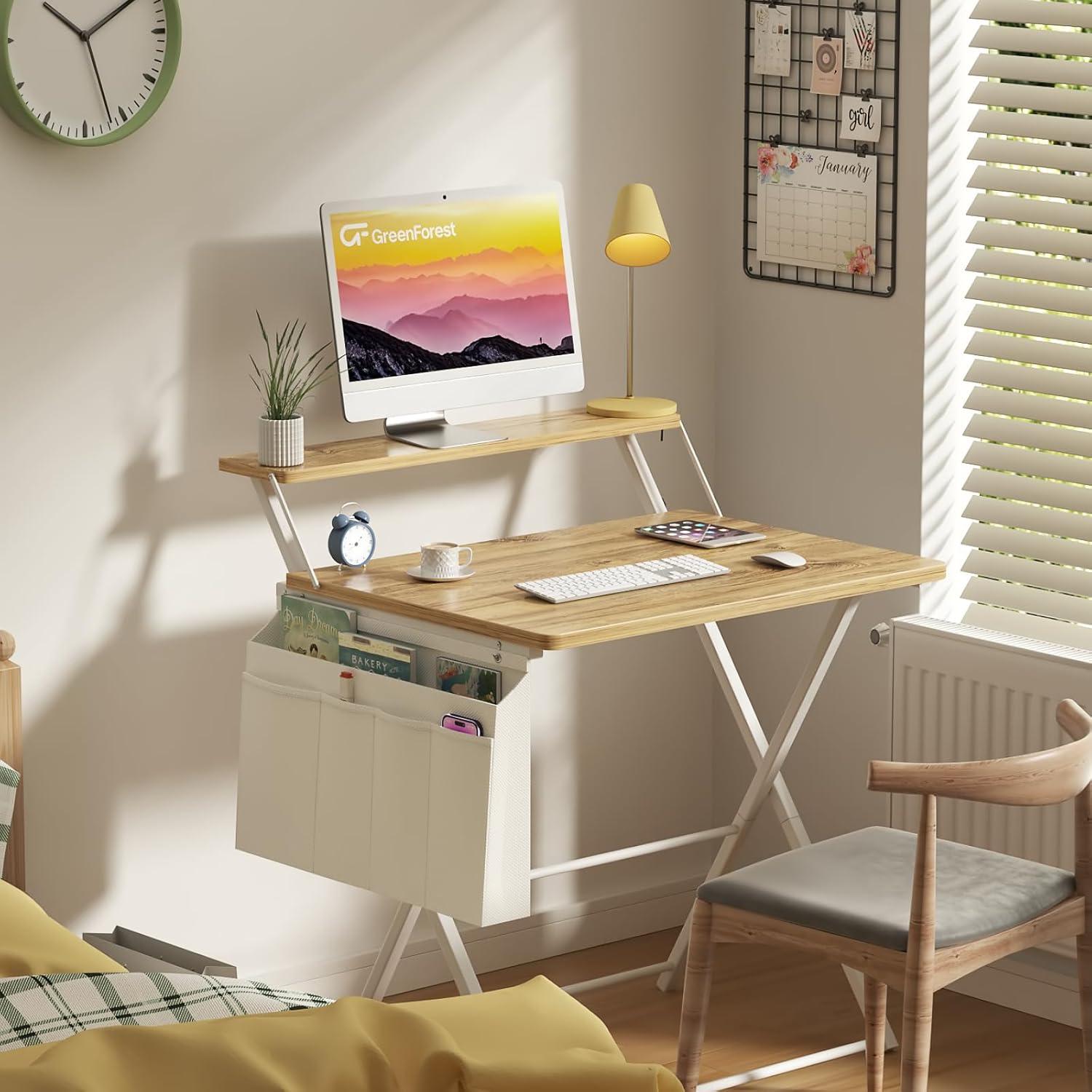 Klappbarer Schreibtisch 80cm mit Regal und Tasche, Eiche