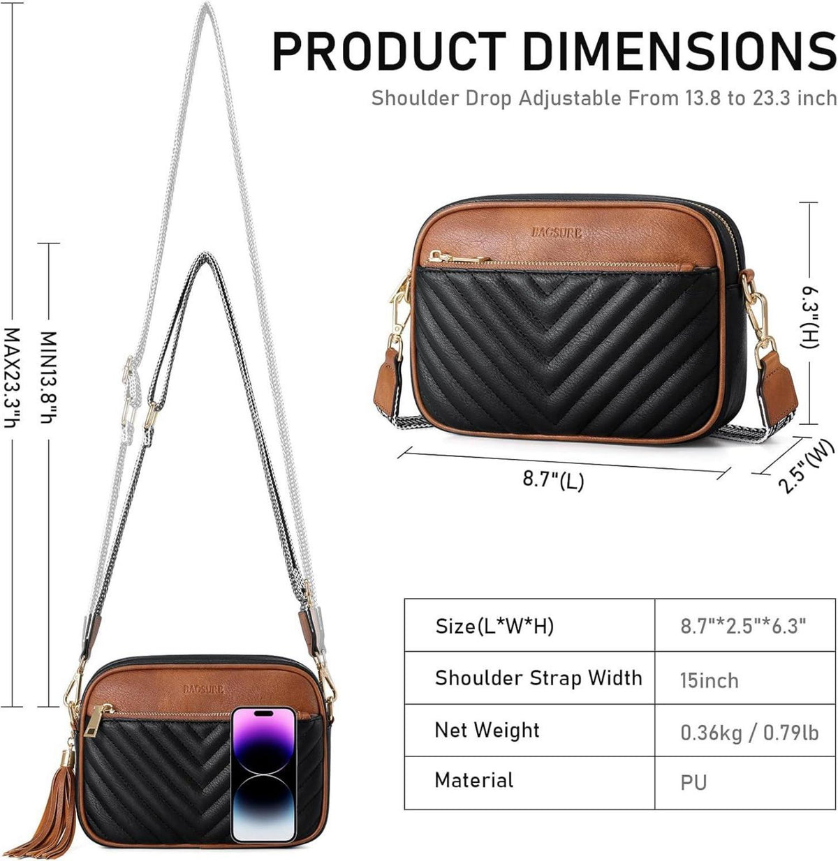 Bagsure Umhängetasche Damen aus Leder mit Crossbody-Design