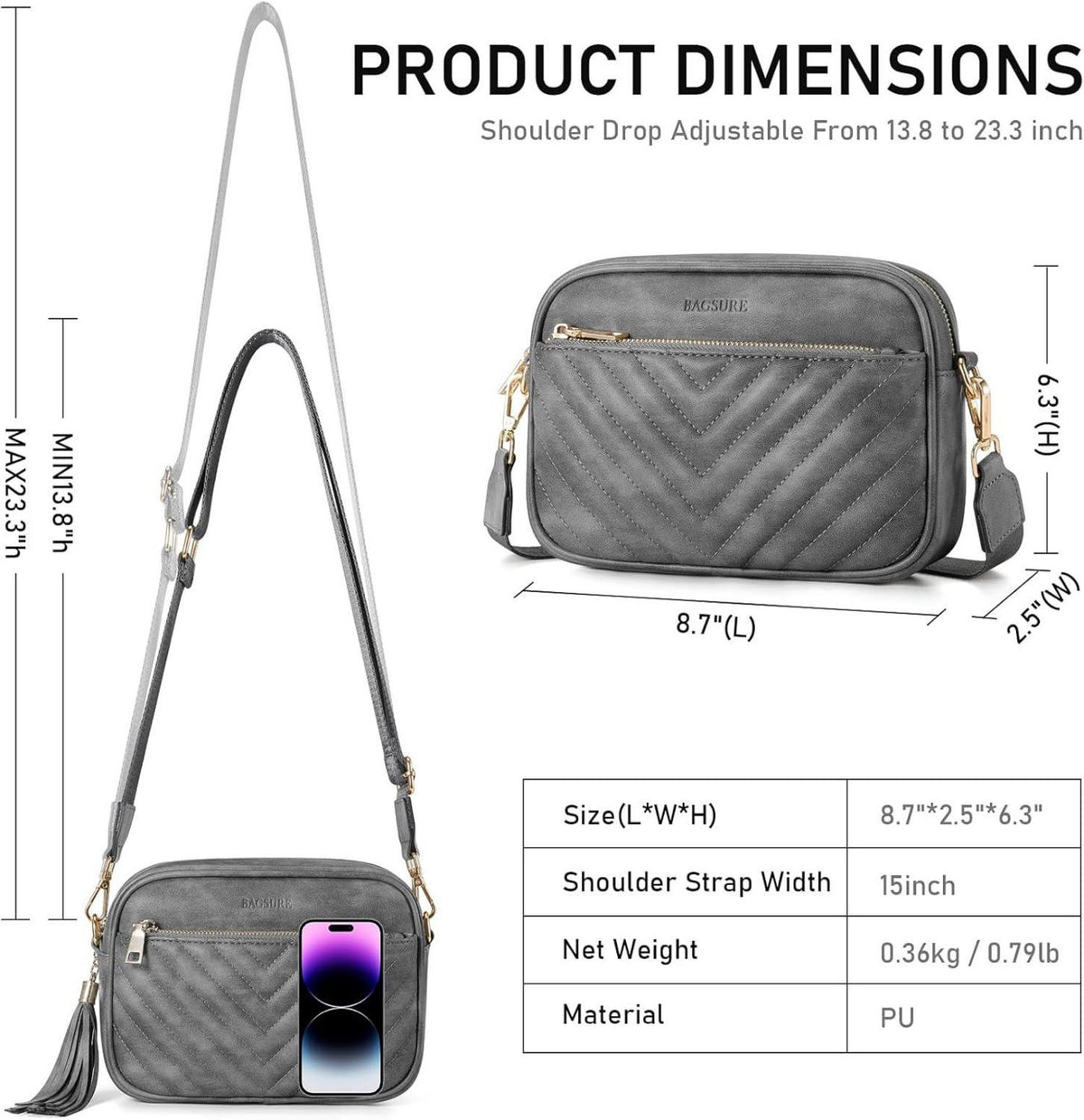 Bagsure Umhängetasche Damen - Crossbody Schultertasche Leder
