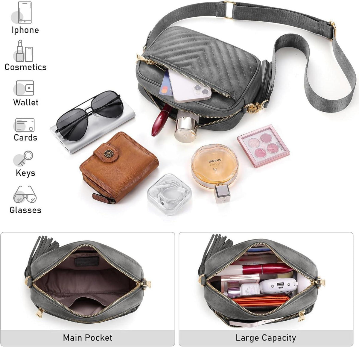 Bagsure Umhängetasche Damen Crossbody Leder Gestepptes Design