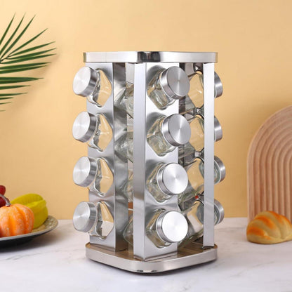 Edelstahl Gewürzregal mit 16 Glasgefäßen 360° drehbar - Küchen Organizer
