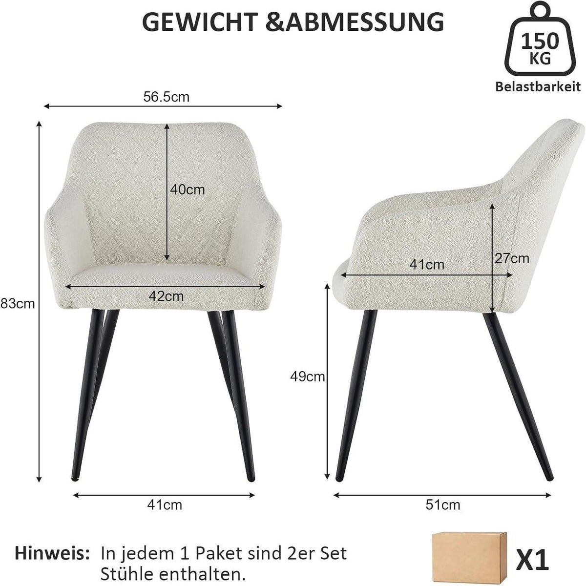 CLIPOP Esszimmerstühle 2er Set Bouclé Nebelweiß mit Armlehne
