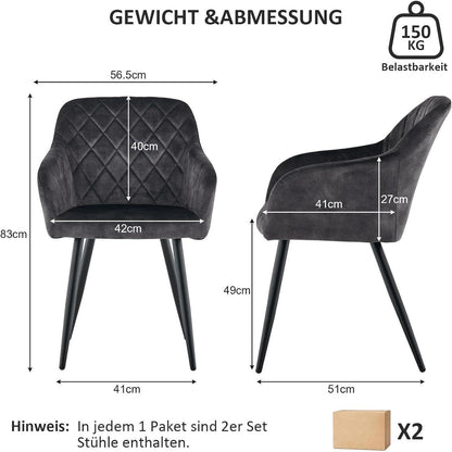 CLIPOP Esszimmerstühle 4er Set Samt Kohlenstoffgrau mit Armlehne