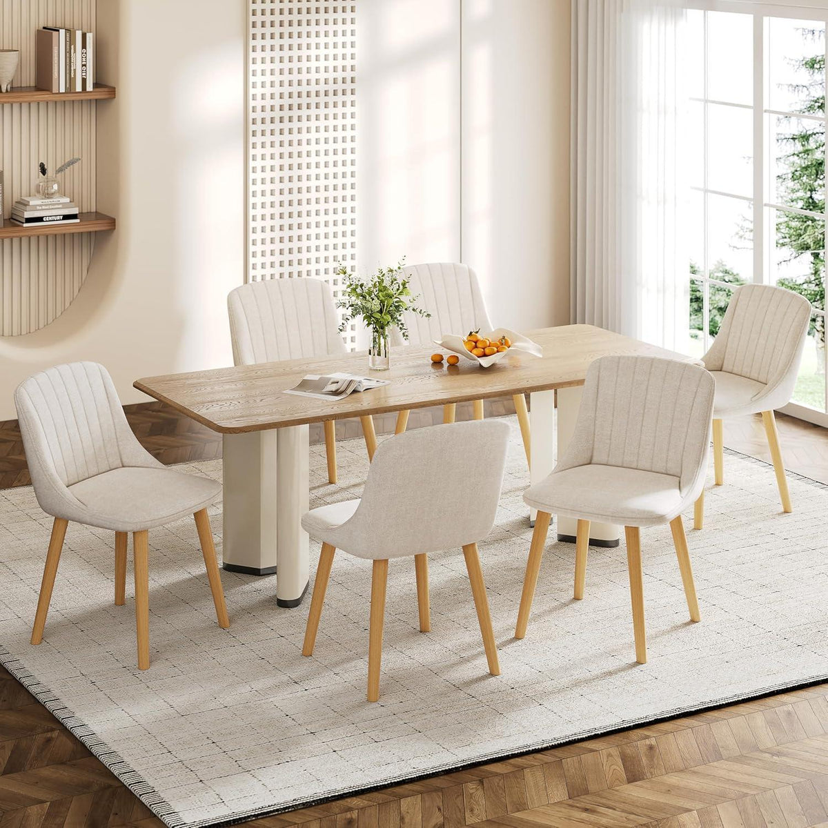 Esszimmerstuhl Set Beige Holzbeine – 6er Polsterstuhl