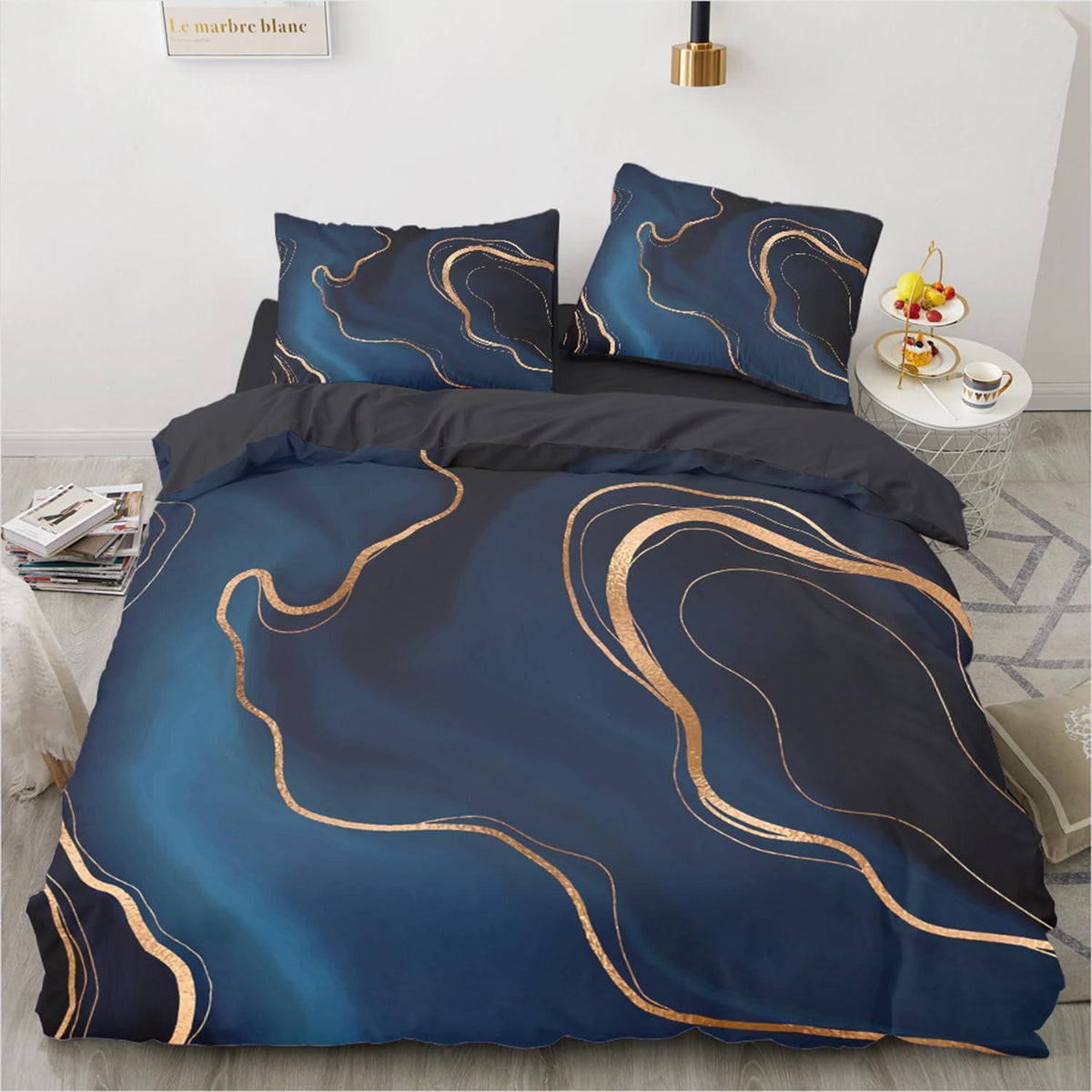 3D Marmor Bettwäsche Set Blau Gold 135x200cm