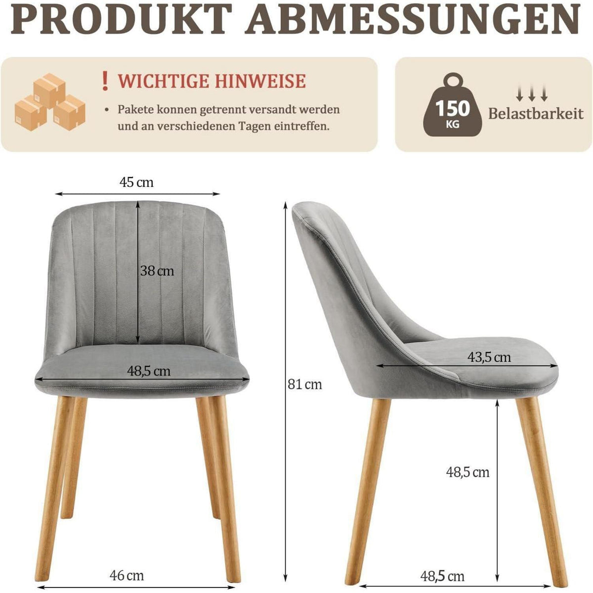 Samt Esszimmerstühle 6er Set mit Holzbeinen, Hellgrau