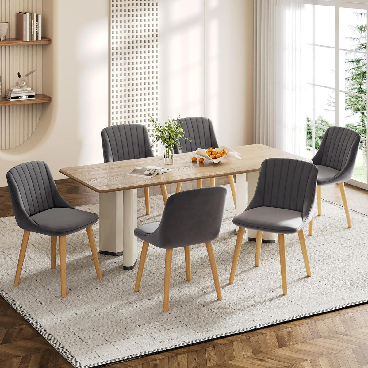 Samt Esszimmerstühle 6er Set mit Massivholzbeinen Dunkelgrau