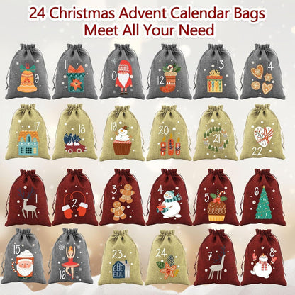 Adventskalender zum Befüllen, 24 Jutesäckchen mit Zahlen, DIY Weihnachtsdeko