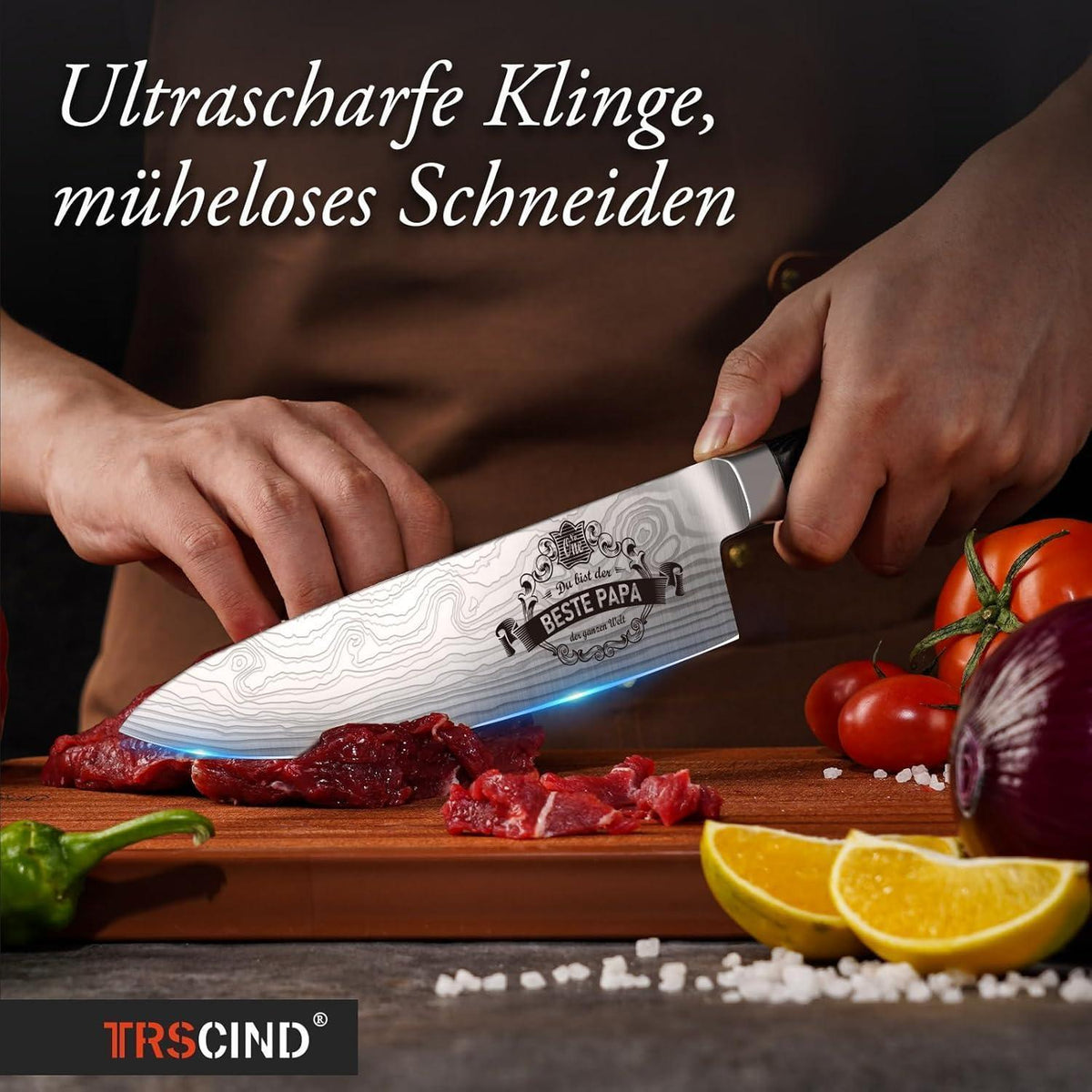 Kochmesser Edelstahl mit Lasermuster, personalisierbar für Papa