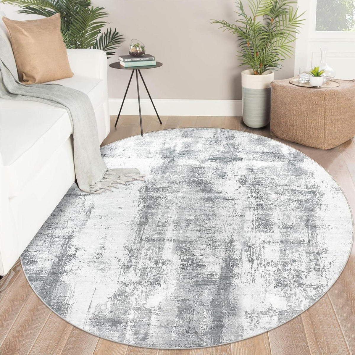 Runder Teppich Grau 150cm – Modern, Abstrakt & Waschbar