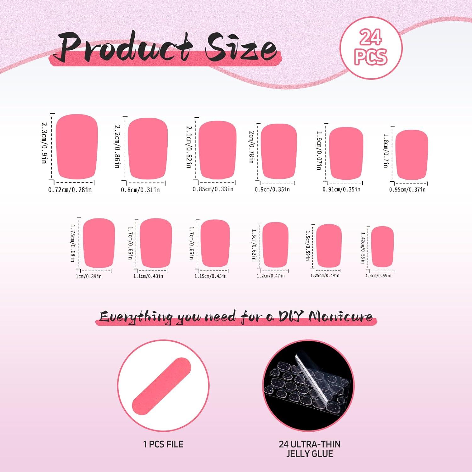 24Pcs Kurze Pink Flower Press on Nails Set mit Jelly Kleber