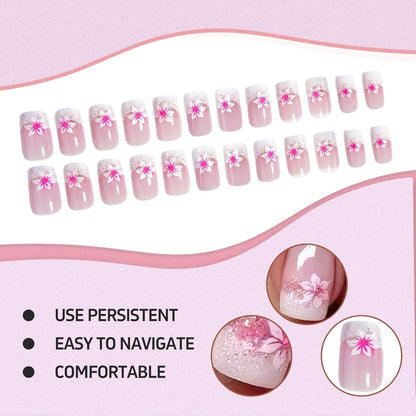 24er-Pack Pink Flower Press-on-Nägel Set inkl. Jelly-Kleber & Feile