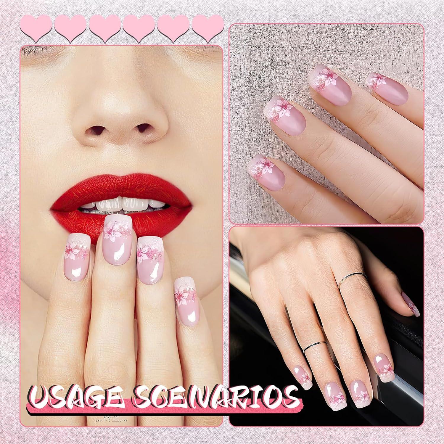 24Pcs Pink Flower Press on Nails Künstliche Nägel Blümchen Set