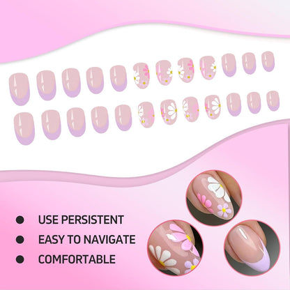 24Pcs Colorful Daisy Press on Nails Set with Jelly Glue & Nail File