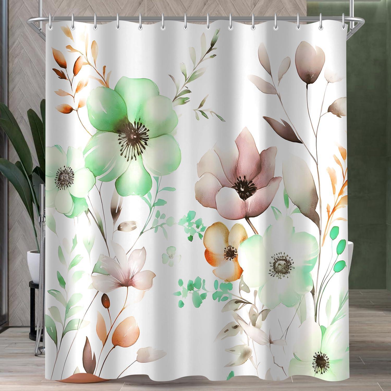 Duschvorhang Blumen Zeichnen 180x180cm Antischimmel Textil Wasserabweisend Saum 12 Ösen Badezimmer Badevorhang