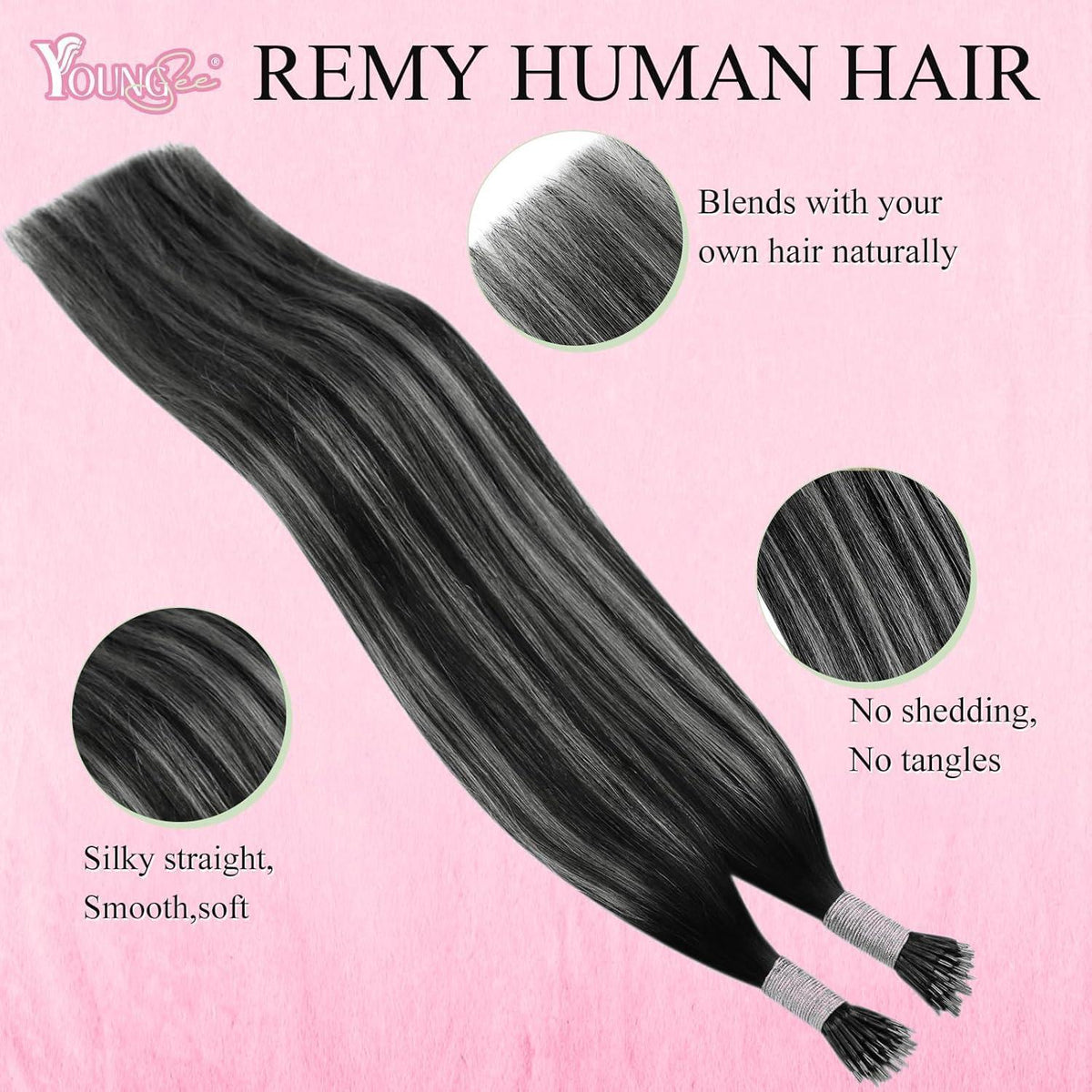 Echthaar Nanoring Extensions Ombre Schwarz Silber 45cm