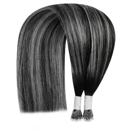 Echthaar Nanoring Extensions Ombre Schwarz Silber 45cm