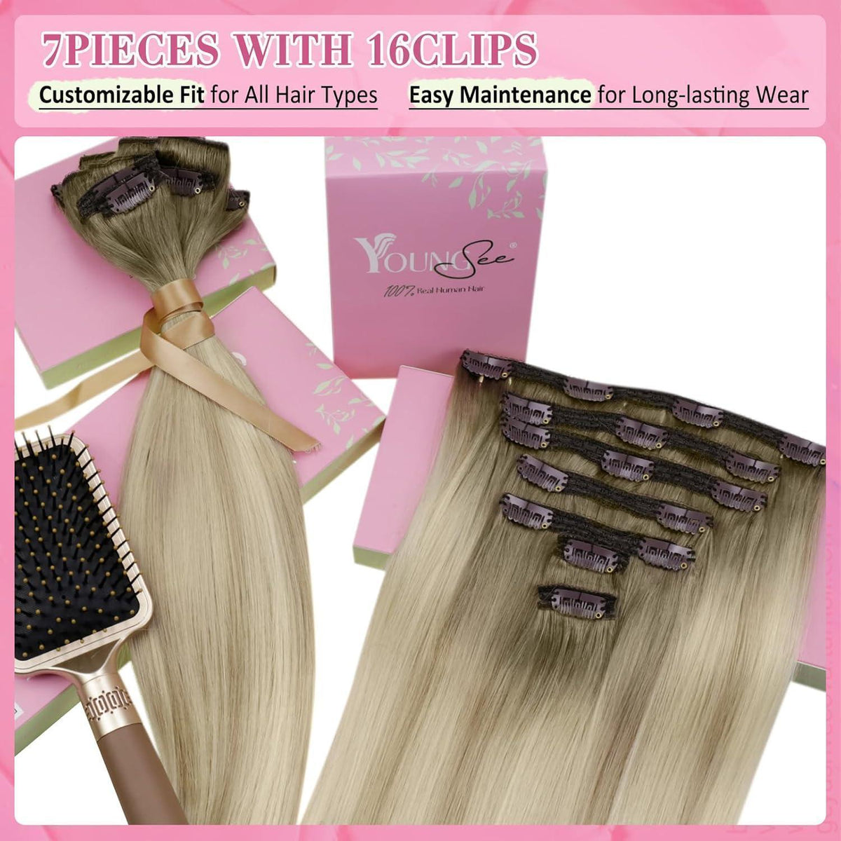 Clip-in Echthaar Extensions Ombre Aschblond Platinblond 55cm