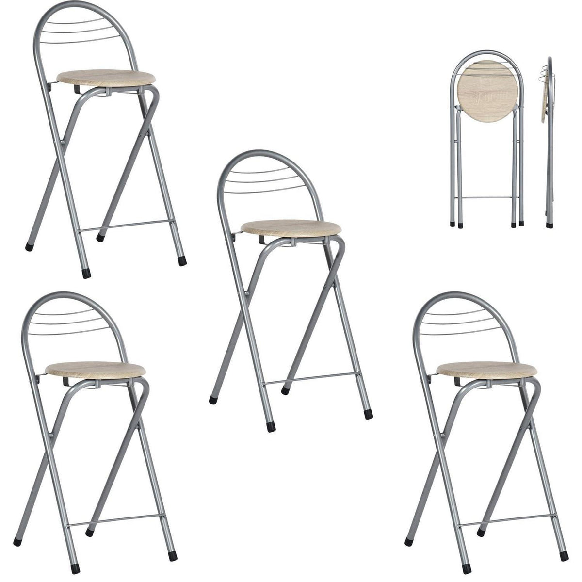 Klappbarer Barhocker 4er-Set mit Lehne – Holzmaserung & Silber
