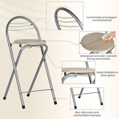 Klappbarer Barhocker 4er-Set mit Lehne – Holzmaserung & Silber