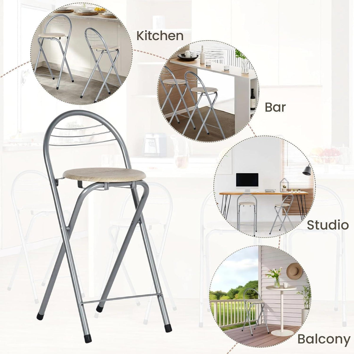 Klappbarer Barhocker 4er-Set mit Lehne – Holzmaserung & Silber
