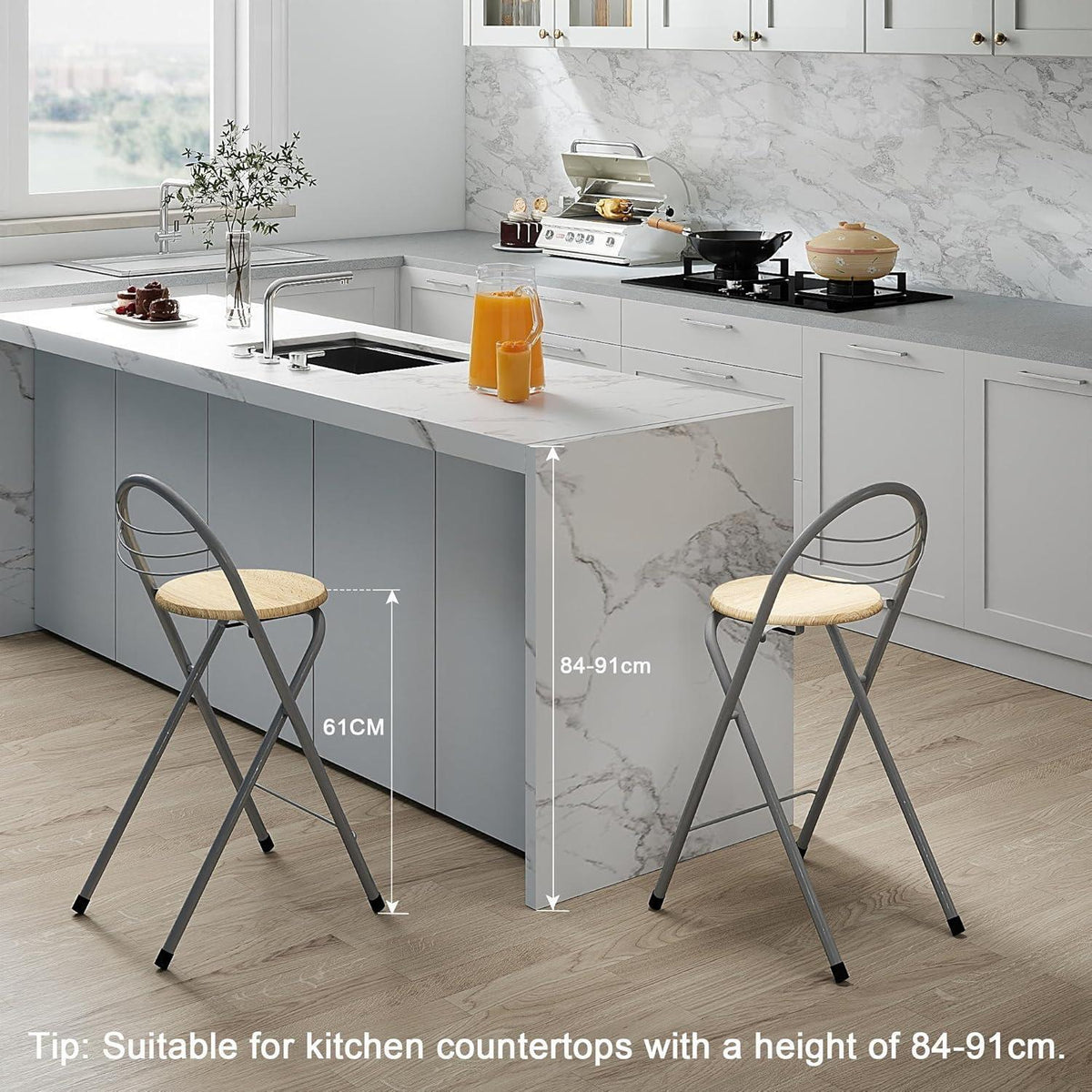 Klappbarer Barhocker 4er-Set mit Lehne – Holzmaserung & Silber