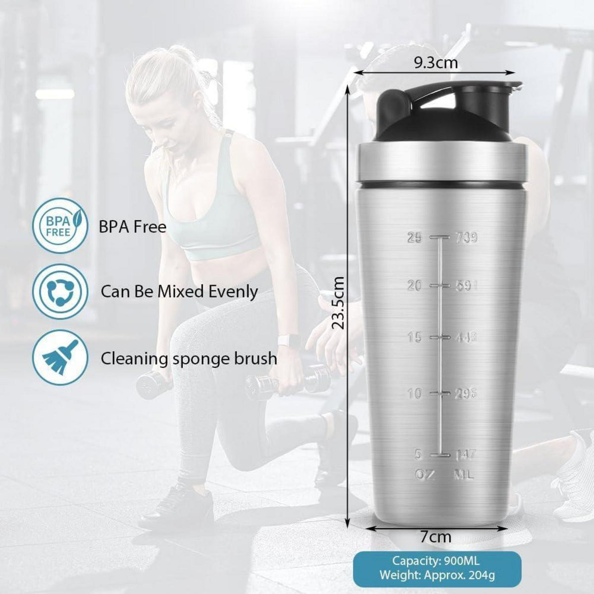 Edelstahl Protein Shaker 900ml mit Shaker Ball, Auslaufsicher