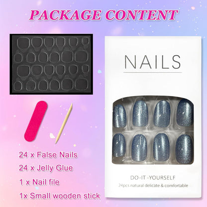 Ceboic 24Pcs Kurz Glänzende French Press on Nails Mandel Blau