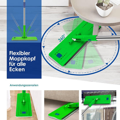 Myiosus Wischmopp Set mit Eimer 138cm Flachmopp, 6 Mikrofaser Pads, verstellbarer Edelstahlgriff, 360° Moppkopf, Auswringfunktion