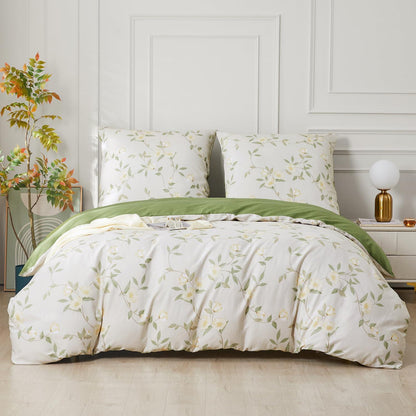 Baumwoll Bettwäsche Set 200x220 Weiß Grün Blumen 3tlg.