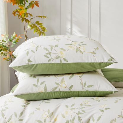 Baumwoll Bettwäsche Set 200x220 Weiß Grün Blumen 3tlg.