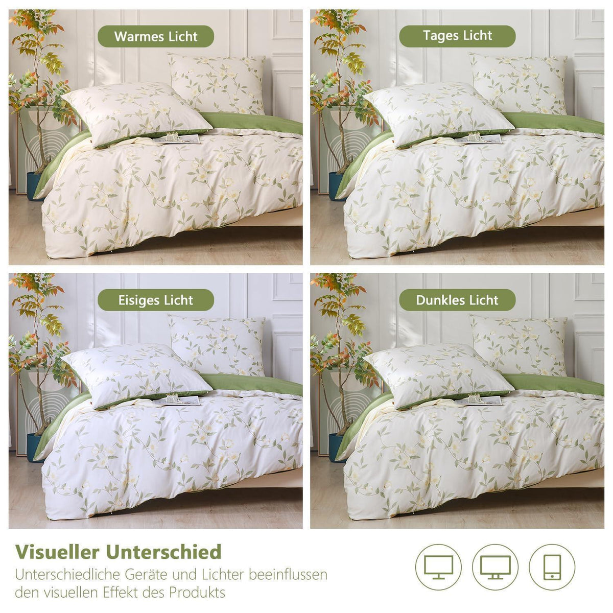 Baumwoll Bettwäsche Set 200x220 Weiß Grün Blumen 3tlg.