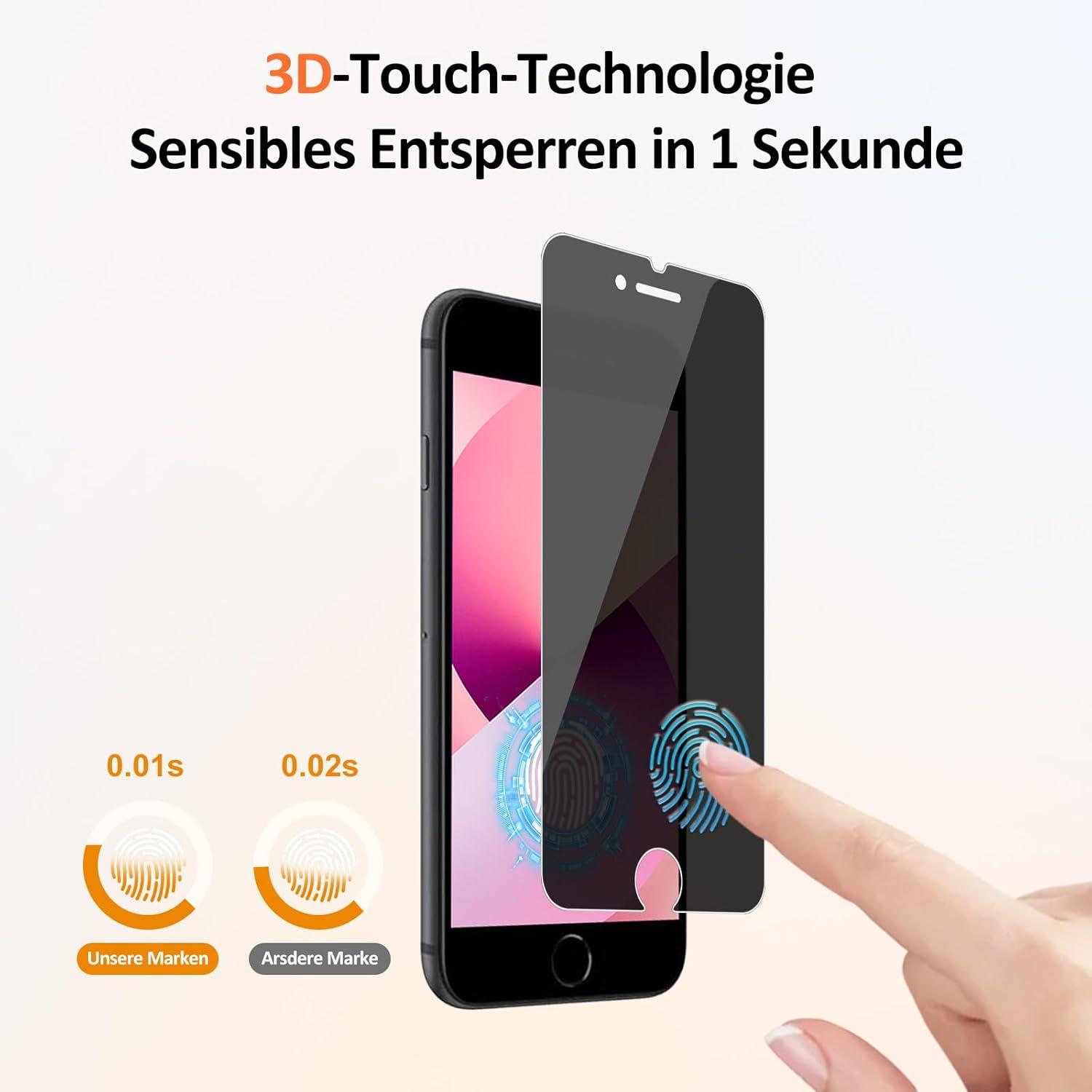 2er Pack Panzerglas Schutzfolie für iPhone SE 2020/8/7/6/6s - 9H Kratzfest, Sichtschutz, Fingerabdruck-ID Schutz