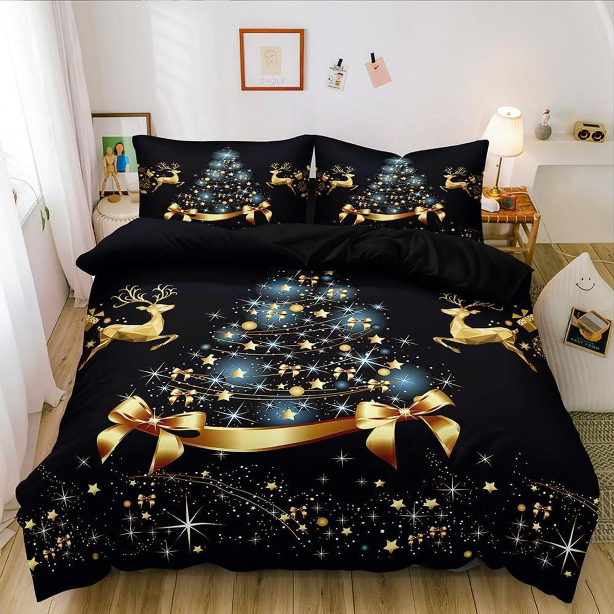 Weihnachts Bettwäsche Set 135x200 cm Schwarz Gold Hirsch