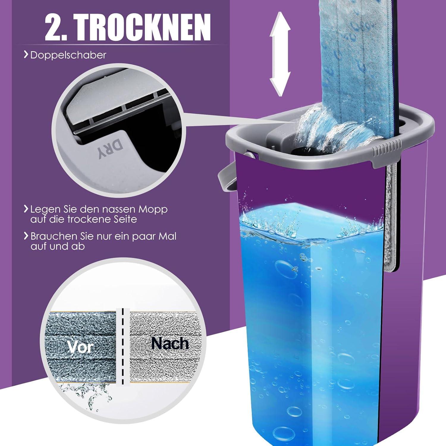 Wischmopp Set mit Eimer und 5 Mikrofaser Wischpads