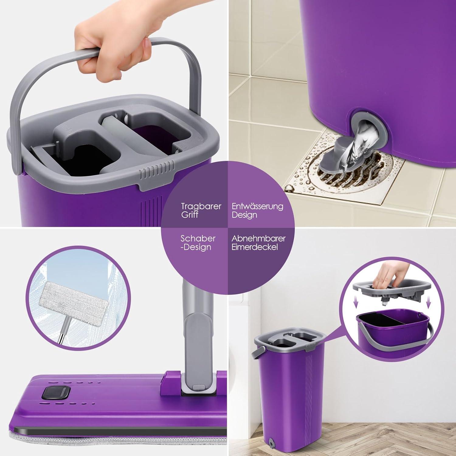 Wischmopp Set mit Eimer 360° Wischer Edelstahlgriff 5 Mikrofaser Wischpads