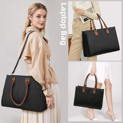 Damen Handtasche 15.6 Zoll PU Leder Tote Bag groß schwarz