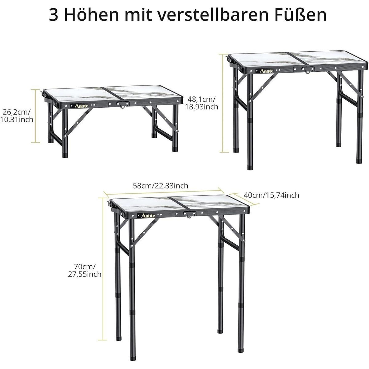 Klapptisch Aluminium 58x40cm, 3 Höhen, Aufbewahrungsnetz, Marmor Weiß