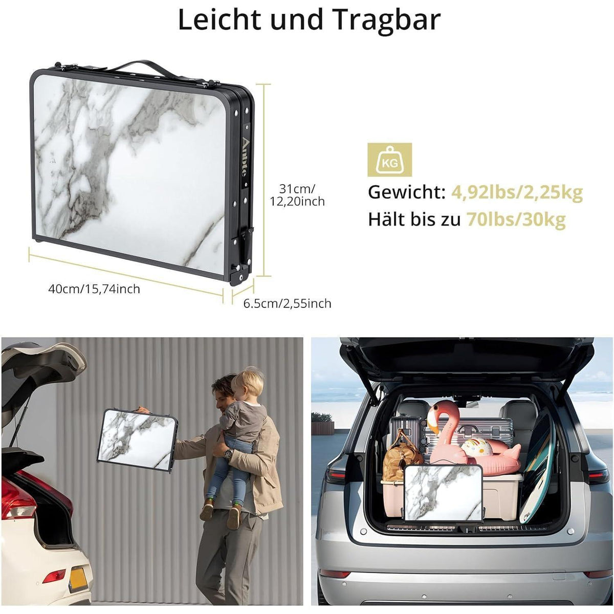 Klapptisch Aluminium 58x40cm, 3 Höhen, Aufbewahrungsnetz, Marmor Weiß