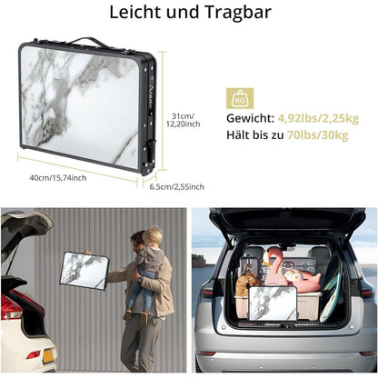 Klapptisch Aluminium 58x40cm, 3 Höhen, Aufbewahrungsnetz, Marmor Weiß