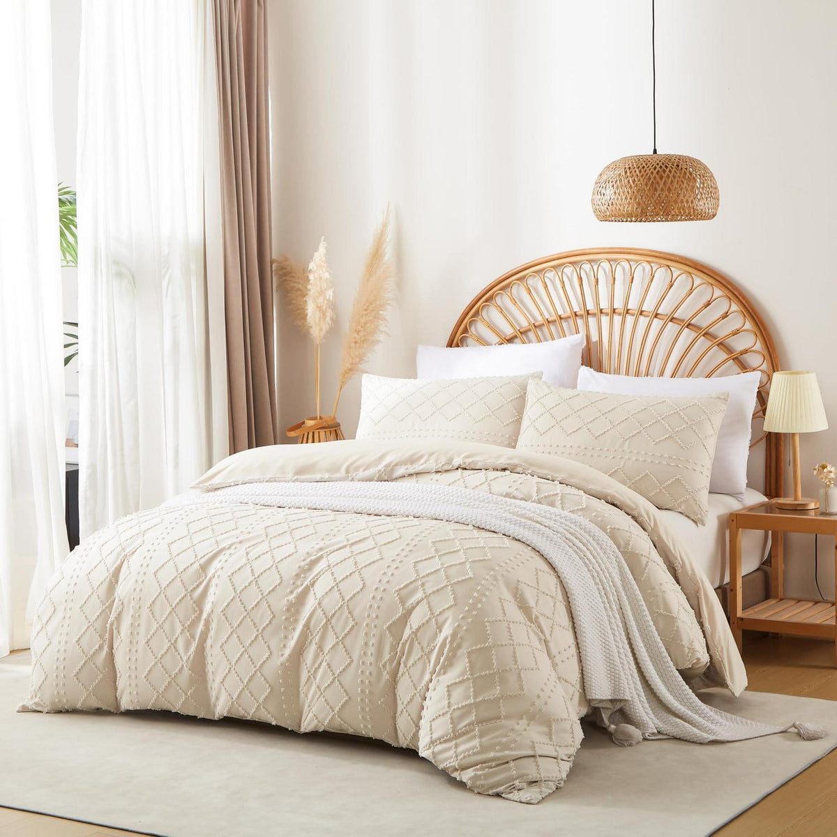 Beige karierte Bettwäsche-Set 135x200 | Boho Getuftet