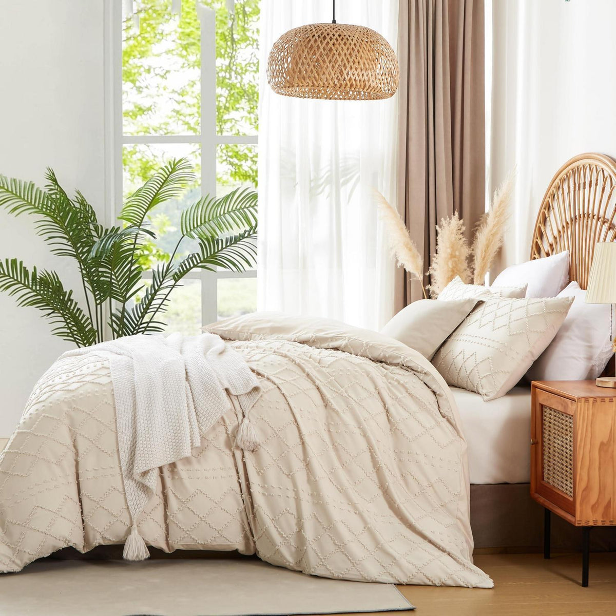 Beige Boho Bettwäsche-Set 200x220 cm | Getuftet & Kariert